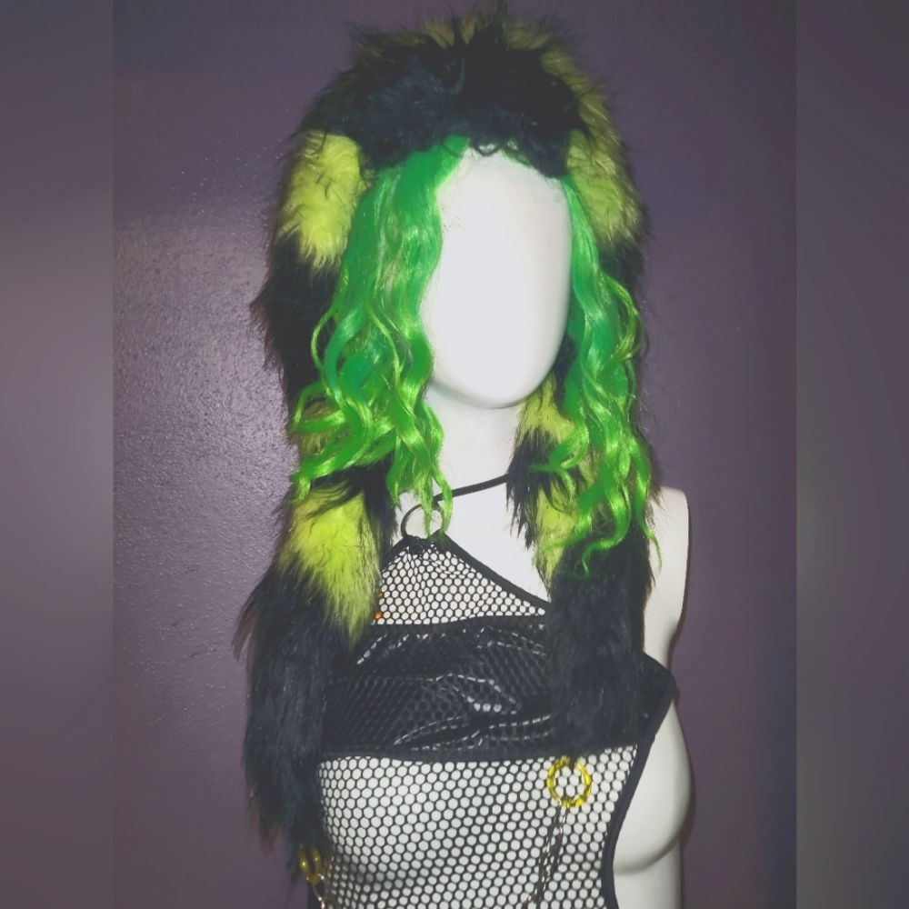 Toxic green black x-circle hood (bunny/cat/ram horns can be attached for  15$)